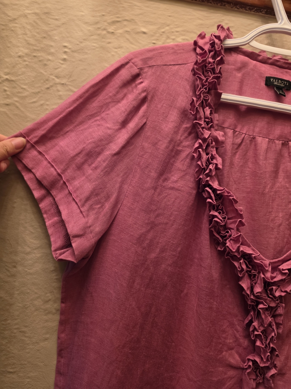 Talbots Pure Linen Pink Ruffle Neck Blouse Size 14 - Picture 3 of 11
